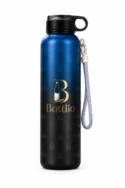 Bottlio Active Blue Gym Bottle Blue and black sports bottle with wrist strap.