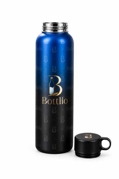 Bottlio Active Blue Gym Bottle Blue and black sports bottle with wrist strap.