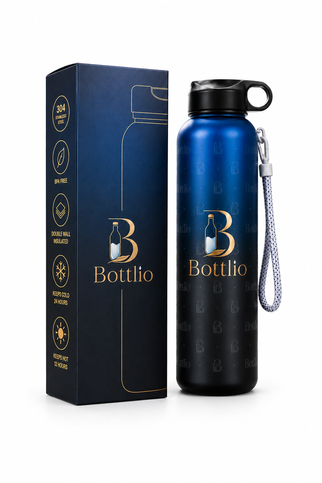 Bottlio Active Blue Gym Bottle Blue and black sports bottle with wrist strap.