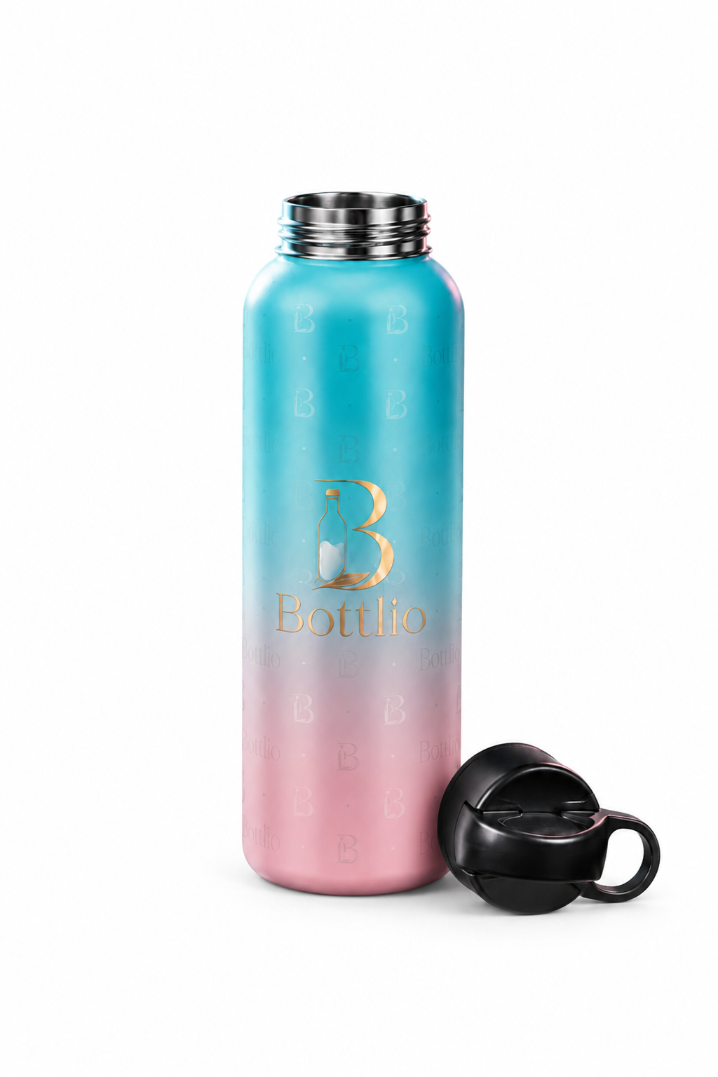 Bottlio Active Blue Gym Bottle Blue and black sports bottle with wrist strap.