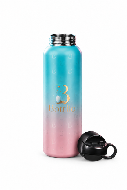 Bottlio Active Blue Gym Bottle Blue and black sports bottle with wrist strap.