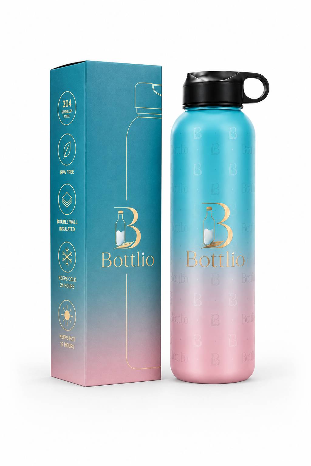 Bottlio Active Blue Gym Bottle Blue and black sports bottle with wrist strap.