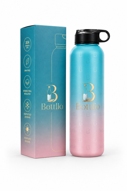 Bottlio Active Blue Gym Bottle Blue and black sports bottle with wrist strap.