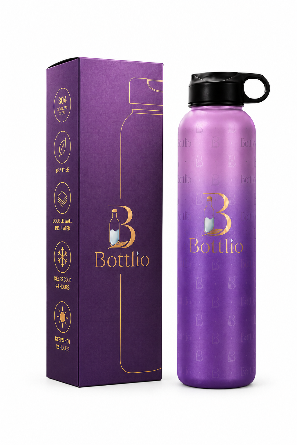 Bottlio Active Blue Gym Bottle Blue and black sports bottle with wrist strap.