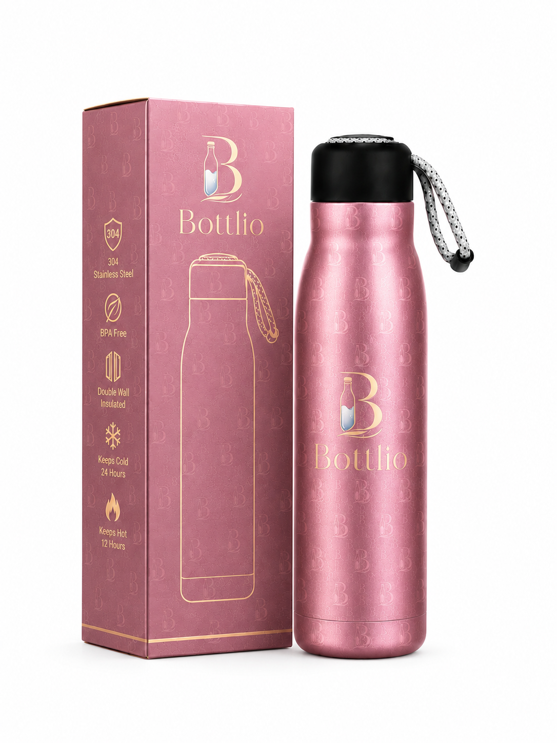 Bottlio Blush School Bottle slim bottle with wrist strap.