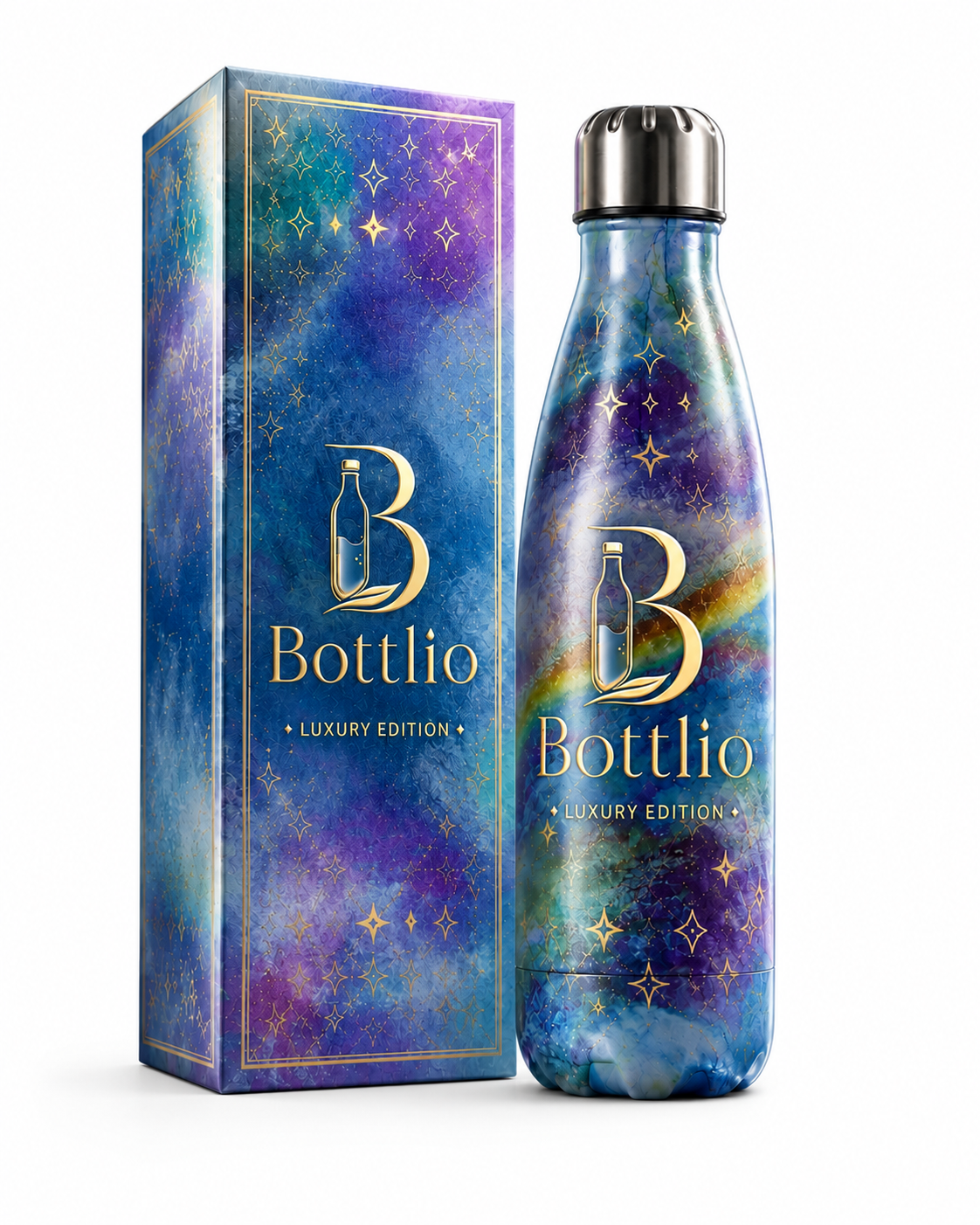 Bottlio Galaxy Office Bottle Elegant galaxy-finish bottle with stainless-steel cap.