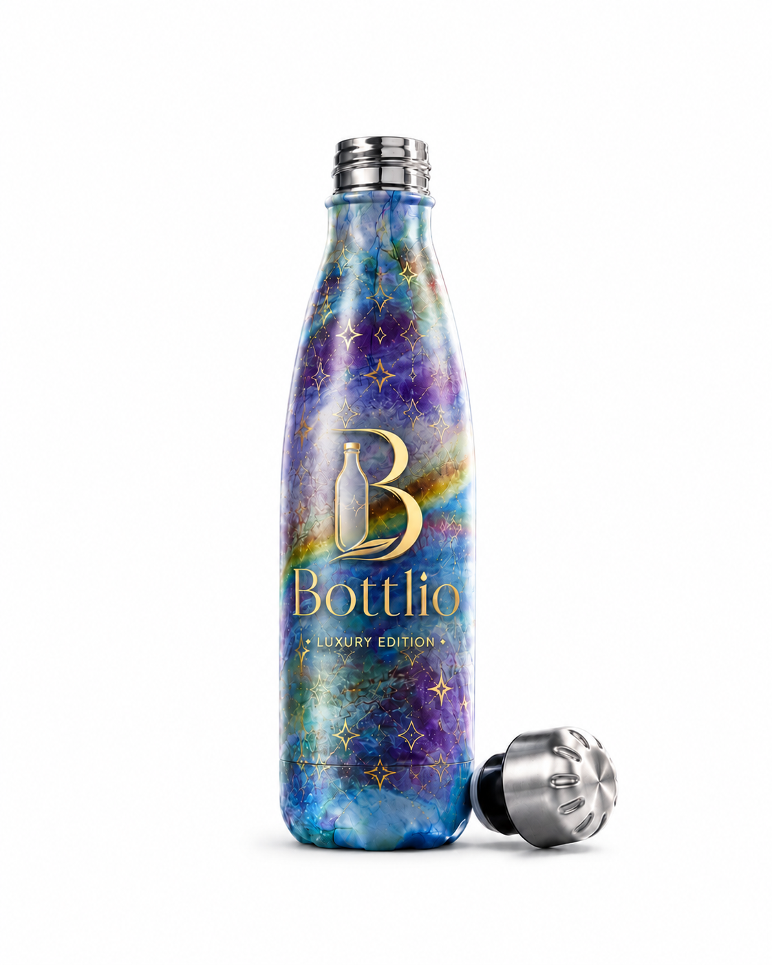 Bottlio Galaxy Office Bottle Elegant galaxy-finish bottle with stainless-steel cap.