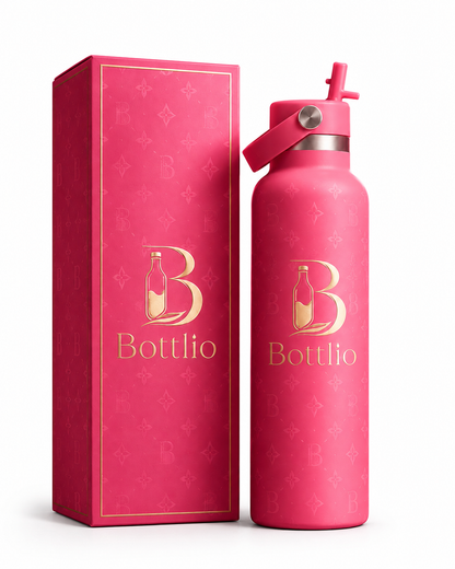 Bottlio Bubblegum Straw School Bottle with built-in straw and carry handle.