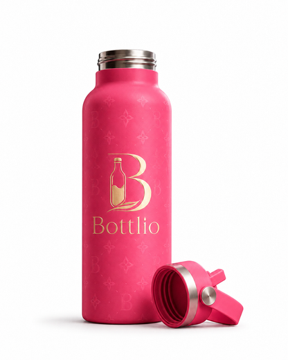Bottlio Bubblegum Straw School Bottle with built-in straw and carry handle.